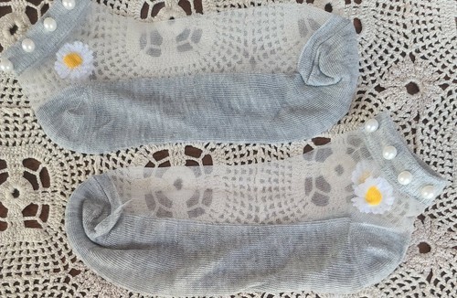 Handcrafted ~ Gray ~ Embellished w/Pearls ~ Embroidered Daisy ~ Ankle Socks Item image 3