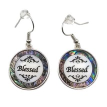 Pierced Blessed Earrings Simulated Abalone &amp; Mother of Pearl Word Silver Tone - £6.04 GBP