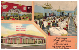 World Famous Park Avenue Restaurant Miami  Beach Florida Postcard - £7.08 GBP