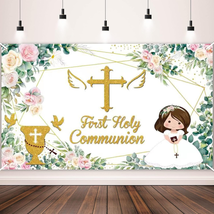 First Holy Communion Backdrop Banner Pink Floral God Bless Baptism Mi Bautizo Pa - £21.30 GBP
