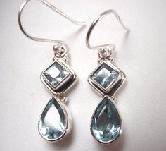 Small Faceted Blue Topaz 925 Sterling Silver Dangle Earrings - £17.25 GBP