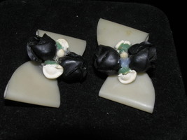 Vintage W Germany Signed Plastic White Bow with Black Roses Clip Earring... - £5.57 GBP