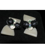 Vintage W Germany Signed Plastic White Bow with Black Roses Clip Earring... - £5.56 GBP