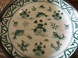 Japanese Porcelain Ware Pewter Encased Bowl Dish Green Koi Fish Hong Kong Vtg Tf - £11.76 GBP