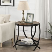 Asya Industrial Round End Table With Storage Shelf, 2-Tier Side, Rustic Brown - £76.55 GBP