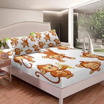 Kids Cute Monkeys Bed Sheet Set Cartoon Monkey Banana Decor Bed Sheets F... - £39.33 GBP