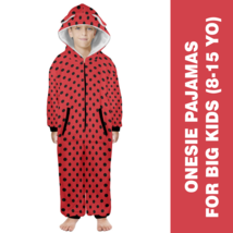Lady Bug Polkadot Black Red Flannel Hooded Onesie Pajamas For Big Kids - £39.33 GBP