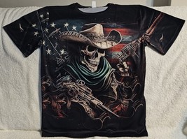 Skeleton Skull Cowboy Hat Flag Usa Gun Outlaw Scary Horror T-SHIRT - £11.54 GBP+