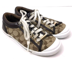 Coach Francesca Sneakers Womens Sz 6 Logo Khaki Brown Lace Up Shoes Logo - $58.49