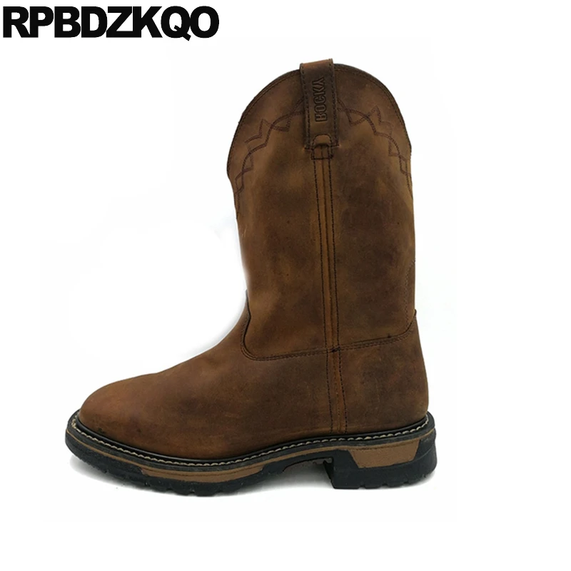 Full Grain Mid Calf Boots girl Slip On Tall Brown  Handmade Real Leather Designe - £306.21 GBP