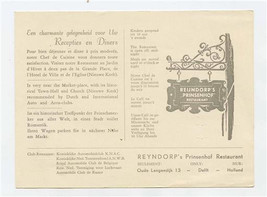 Reyndorp&#39;s Prinsenhof Restaurant Postcard Menu Delft Holland - $17.82