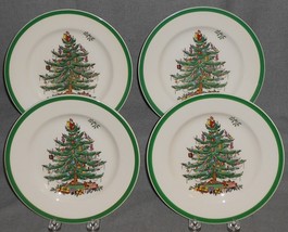 Set (4) Spode Christmas Tree Pattern Green Trim 10 3/4&quot; Dinner Plates England - $118.79