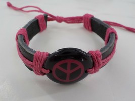 Best Friend Tribal Bracelet Black Leather Cuff Pink Peace Charm Adjustable Thred - £7.09 GBP