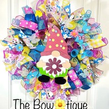 Handmade Spring/ Summer Daisy Butterfly Gnome Prelit Ribbon Wreath 22 in... - $80.00