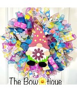Handmade Spring/ Summer Daisy Butterfly Gnome Prelit Ribbon Wreath 22 in... - £62.91 GBP