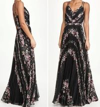 Marchesa Notte Pleated Chiffon Floral-Print Belted Sleeveless Dress Size... - $197.98