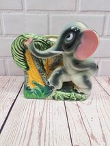 VTG Green Glazed Elephant With Trunk Up Palm Trees 4"×5" Trinkets or Pla... - $13.08