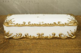 Antique Victorian Era Dithridge Milk Glass Gold Trim Oblong Vanity Glove Box 37 - £42.48 GBP