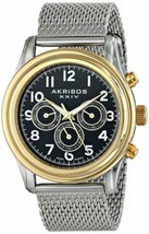 NEW Akribos AK747YGB Mens Day/Date Black Dial Gold Accent SS Mesh Bracelet Watch - £45.37 GBP