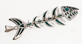 Taxco Mexico Sterling Silver Articulating Fishbone Pendant Turquoise Inlay 5.5&quot; - $593.98