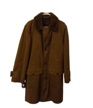 Vintage Brown Car Coat Top Loop Hand Warming Pockets Faux Fur Lined - £59.35 GBP