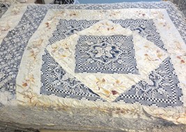 Embroidered Silk And Handmade Lace Antique Bed Cover  Bedspread 66 x 68 - $125.00