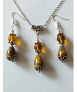 Tiger&#39;s eye Victorian Silver jewelry set earrings and necklace Victorian... - $73.24 CAD