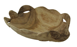 Zeckos Hand Carved Twin Sea Turtles Decorative Scallop Edge Wooden Bowl - £37.18 GBP
