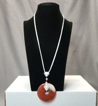 Carnelian Donut Round Pendant Healing Gemstone 20&quot; White Leather Cord Necklace - £19.78 GBP