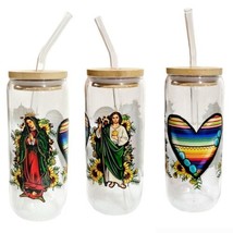 Virgen De Guadalupe Clear Glass Tumbler Cold Coffe Cup 20oz Bamboo Lid - $17.81