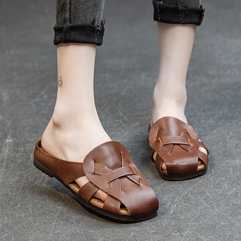 Handmade Retro Summer Slippers Women Genuine Cow Leather Soft Cow-Muscle... - £45.34 GBP