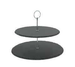 Two Tier Round Slate Stone and Chromed Metal Country Farmhouse Serving Tray - £15.12 GBP