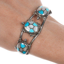 6.5&quot; Vintage Zuni inlaid silver turtles cuff bracelet - £194.35 GBP
