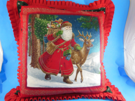 Christmas Santa Claus Pillow Red pleated trim Hand Made cotton Decorator throw - £14.79 GBP