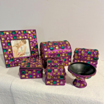 Mardi Gras Purple &quot;Square Stone&quot; 7 Pc Chest/Square Trinket/Jewelry Box Set - £16.07 GBP