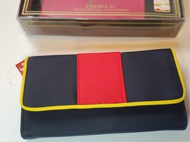 Vintage Ladies Wallet Cadillac Nylon 1980s Checkbook Photos Navy Blue Red Yellow - £17.09 GBP