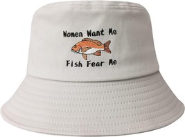 Women Want Me Fish Fear Me Embroidered Bucket Hat - £24.96 GBP