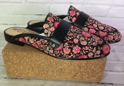 Sam Edelman Perri Womens 6 Black Pink Floral Leather Loafers Flats Mules Shoes - £71.24 GBP