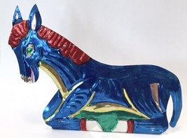 Mexican Folk Art Christmas Nativity Scene Tin Blue Donkey Free Standing - £8.79 GBP