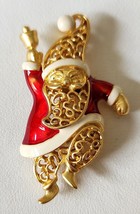 Santa Claus Pin Brooch Filigree Design Christmas Red White Enamel Gold Tone - £15.81 GBP