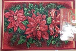 TAPESTRY KITCHEN RUG (19&quot; x 27&quot;) CHRISTMAS POINSETTIA FLOWERS &amp; BERRIES, VL - £10.84 GBP