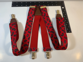 CAS Germany Clip On Suspenders Braces-Red/Blue Paisley Leather Gold 46” Max - £6.91 GBP