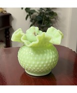 Fenton Uranium Green Milk Glass Hobnail Ruffled Rose Bowl Ball Vase 1950s GLOWS - £107.42 GBP