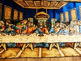 VTG Tapestry wall hanging rug The Last Supper made in Italy W.P.L. plush 39x19.5 - £58.40 GBP