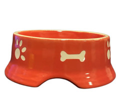 RED and WHITE Dog Bowl Food Water Stoneware Dish White Carved in Bones a... - $24.75