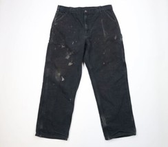 Vtg Carhartt Mens 38x32 Thrashed Spell Out Flannel Lined Wide Leg Pants Black - £71.35 GBP