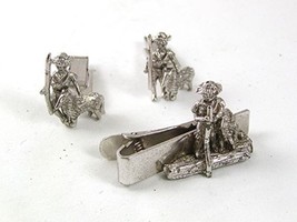 Vintage Silvertone Man Dog Cufflinks Tie Clasp By SARAH COVENTRY 53017 - £17.77 GBP