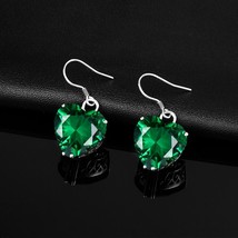 Green Emerald Drop Earrings Silver Women Heart Wedding Earrings Bohemia Party Co - £39.50 GBP