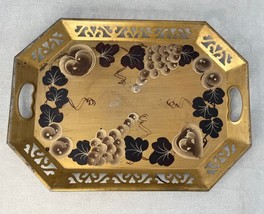 Tole Ware Serving Tray Metal Hand Painted Gold Brown Tan Grapes Rolled Edge - $41.58