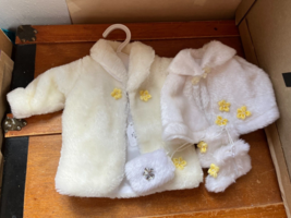 Lot of Cream Faux Fur Coat &amp; White Shawl w Yellow Flowers &amp; Matching Boots &amp; Muf - £8.87 GBP